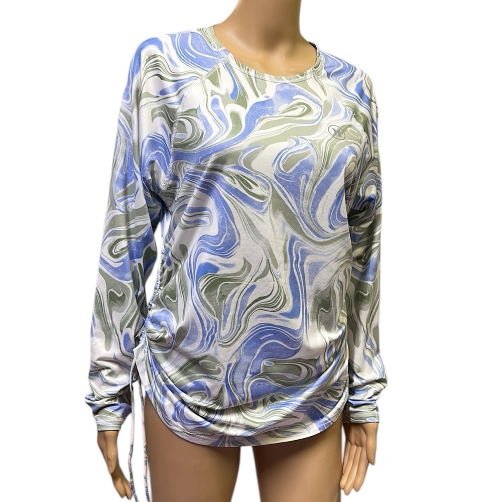 Hurley Swim Shirt Marble Swirl Print Long Sleeve Ruched Drawstring Side Womens L